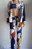 Multicolor Casual Print Patchwork Turndown Collar Long Sleeve Two Pieces