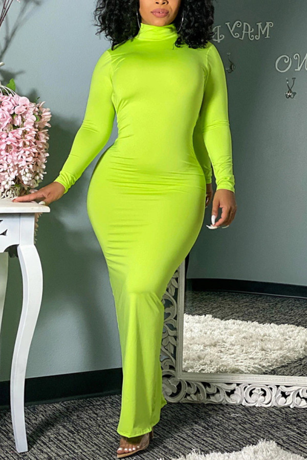 Fluorescent Green Fashion Sexy Solid Backless Turtleneck Long Sleeve Dress