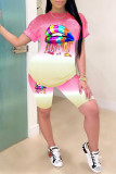 Blue Fashion Casual Gradual Change Lips Printed Basic O Neck Short Sleeve Two Pieces