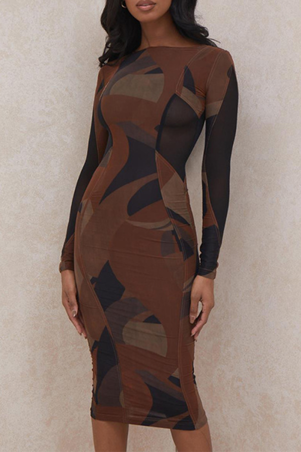 Brown Casual Print Patchwork O Neck Pencil Skirt Dresses