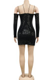 Orange Sexy Solid Sequins Split Joint Spaghetti Strap Pencil Skirt Dresses