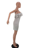 Silver Fashion Sexy Solid Backless Spaghetti Strap Sleeveless Dress
