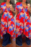 Red Fashion Casual Print Bandage Asymmetrical V Neck Short Sleeve Dress Dresses