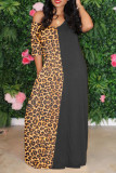 Red Casual Short Sleeves V Neck Swagger Floor-Length Print Patchwork Leopard Dresses