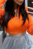 Rose Red Fashion Casual Solid Basic Zipper Collar Tops