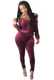 Wine Red Elastic Fly Mid Solid pencil Pants Two-piece suit