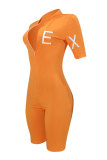 Orange Fashion Casual Print Patchwork letter zipper Short Sleeve O Neck Jumpsuits