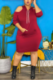 Wine Red Casual Solid Draw String Hooded Collar Tops