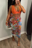 Orange Sexy Casual Print Vests V Neck Sleeveless Two Pieces