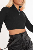 Rose Red Fashion Casual Solid Basic Zipper Collar Tops