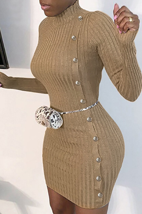 Khaki Casual Solid Buttons Turtleneck Pencil Skirt Dresses