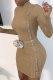Khaki Casual Solid Buttons Turtleneck Pencil Skirt Dresses