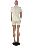 Cream White Casual Print Split Joint O Neck Short Sleeve Two Pieces