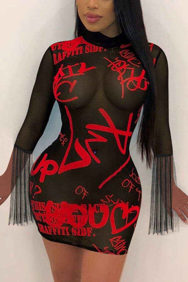 Red Sexy Print Tassel O Neck Wrapped Skirt Dresses