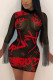 Red Sexy Print Tassel O Neck Wrapped Skirt Dresses