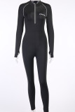 Black Sportswear Solid Patchwork O Neck Jumpsuits