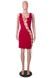 Burgundy Sexy Solid Hollowed Out Chains U Neck Sleeveless Dress