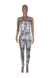 White Sexy Casual Print Basic O Neck Sleeveless Skinny Jumpsuits