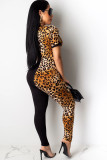Black Sexy Patchwork Leopard grain Short Sleeve O Neck Jumpsuits