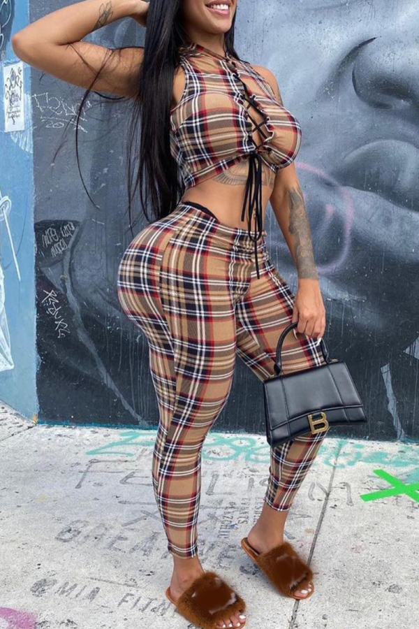Brown Sexy Plaid Patchwork O Neck Sleeveless Two Pieces