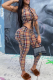 Brown Sexy Plaid Patchwork O Neck Sleeveless Two Pieces