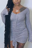 Grey Sexy Solid Split Joint Fold V Neck Pencil Skirt Dresses