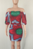 Wine Red Sexy Print Patchwork Bateau Neck Pencil Skirt Dresses