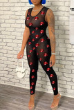 Black Fashion Sexy Lips Printed See-through O Neck Skinny Jumpsuits
