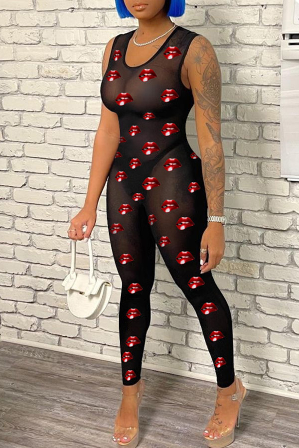 Black Fashion Sexy Lips Printed See-through O Neck Skinny Jumpsuits