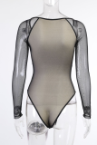 Black Sexy Patchwork Mesh V Neck Skinny Jumpsuits