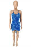 Blue Fashion Sexy Print Backless Fold Spaghetti Strap Sleeveless Dress