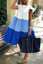 Blue Casual Color Block Flounce O Neck Cake Skirt Dresses