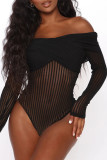 Black Sexy Solid See-through Mesh Off the Shoulder Regular Bodysuits