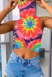 Green Blue Green Yellow Multi-color rose red multicolor Blends Turtleneck Sleeveless Patchwork Print Slim fit Tie Dye Tops