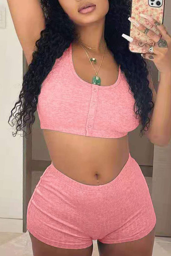 Pink Casual Solid Patchwork U Neck Sleeveless Two Pieces