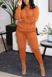 Orange Casual Solid Split Joint O Neck Long Sleeve Two Pieces