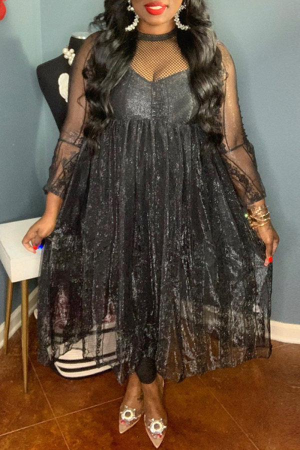 Black Fashion Sexy Patchwork See-through O Neck Long Sleeve Dresses
