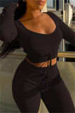 Pink Fashion Casual Solid Bandage O Neck Long Sleeve Two Pieces