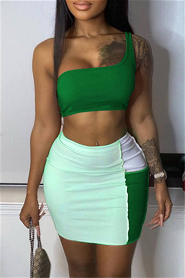 Green Fashion Sexy Solid Split Joint Backless One Shoulder Sleeveless Two Pieces