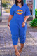 Royal Blue Fashion Casual Print Pocket V Neck Short Sleeve Regular Jumpsuits
