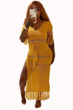 Yellow Knitting adult Sexy Fashion Cap Sleeve Short Sleeves V Neck Step Skirt Ankle-Length Patchwork Solid 
