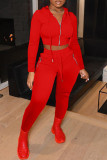 Red Fashion Casual Solid Zipper Hooded Collar Long Sleeve Two Pieces