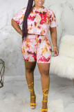 Yellow Milk Silk Fashion Active adult Ma'am Print scrawl Two Piece Suits Straight Short Sleeve Two Pieces
