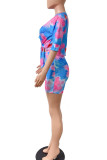 Red Casual Tie Dye Bandage Patchwork O Neck Half Sleeve Two Pieces