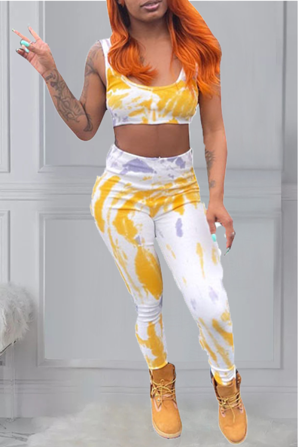 Yellow Sexy Patchwork Tie-dye U Neck Sleeveless Two Pieces
