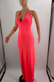 Red Sexy Solid Patchwork High Opening Halter Straight Dresses
