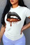 White Fashion Casual Lips Printed Basic O Neck T-Shirts