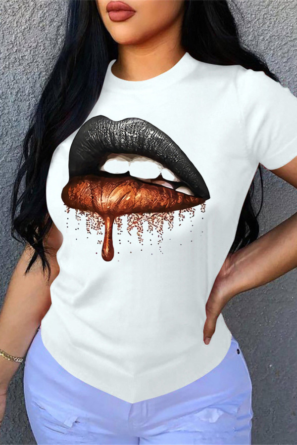 White Fashion Casual Lips Printed Basic O Neck T-Shirts