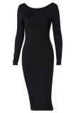 Black Sexy Solid Chains Backless Boat Neck Straight Dresses