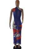 Red Fashion Sexy Print See-through O Neck Vest Dress